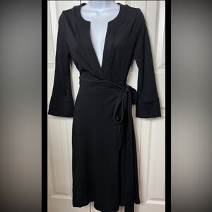 DIANE VON FURSTENBURG DVF Wool Wrap Dress Black 3/4 Sleeves Classic